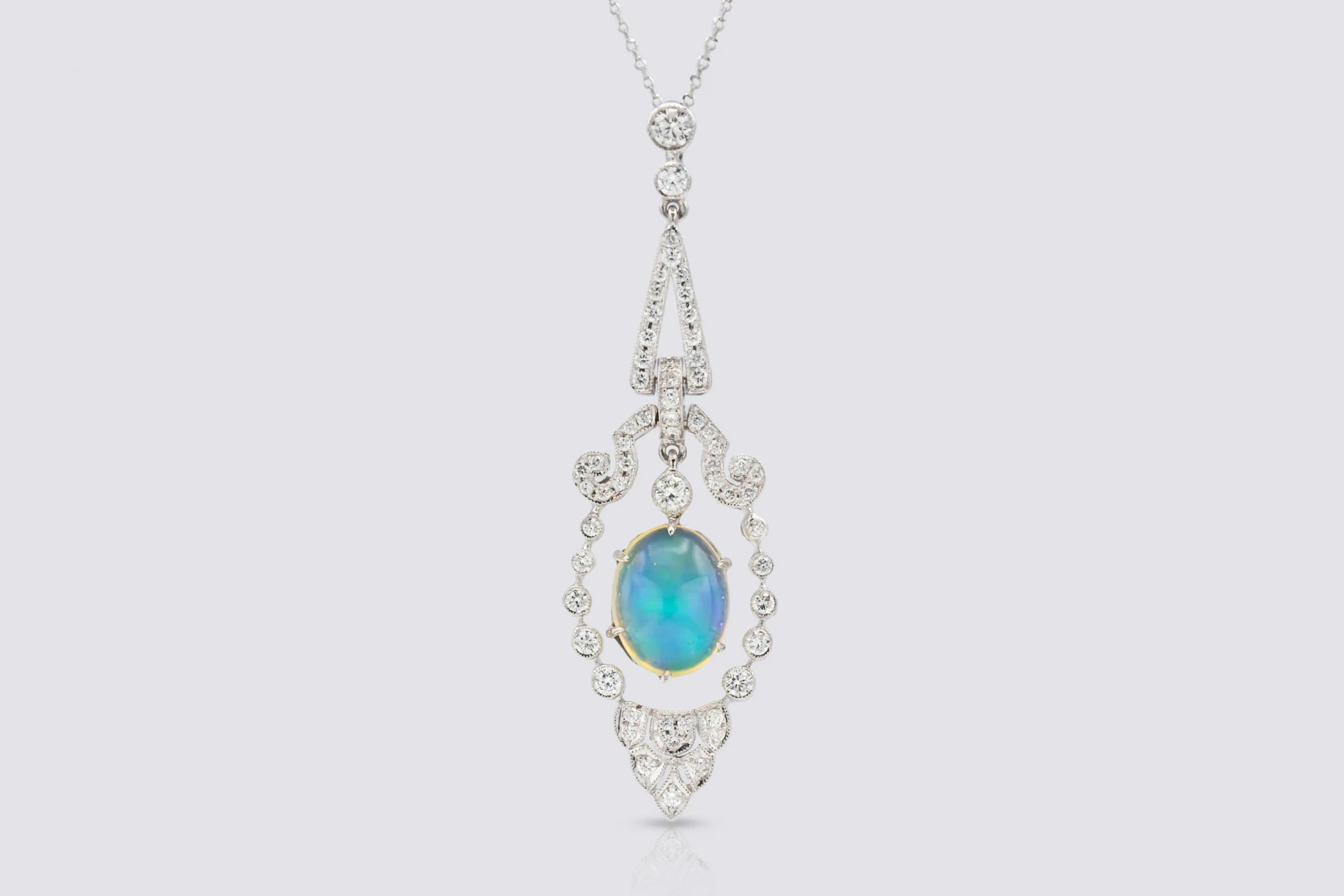 18ct White Gold Opal and Diamond Necklace 2.95ct Cabochon Opal & 1.13ct Brilliant Cut Diamonds