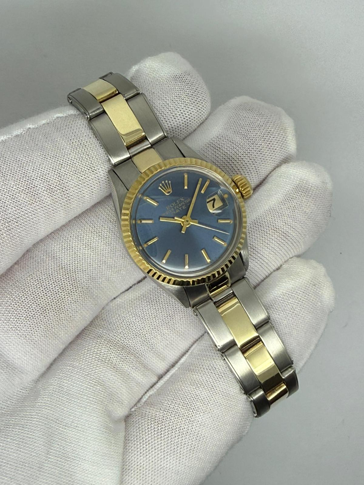 Rolex Oyster Perpetual Date Ladies 26mm Stainless Steel & 18ct Yellow Gold Blue Dial 6516 1970