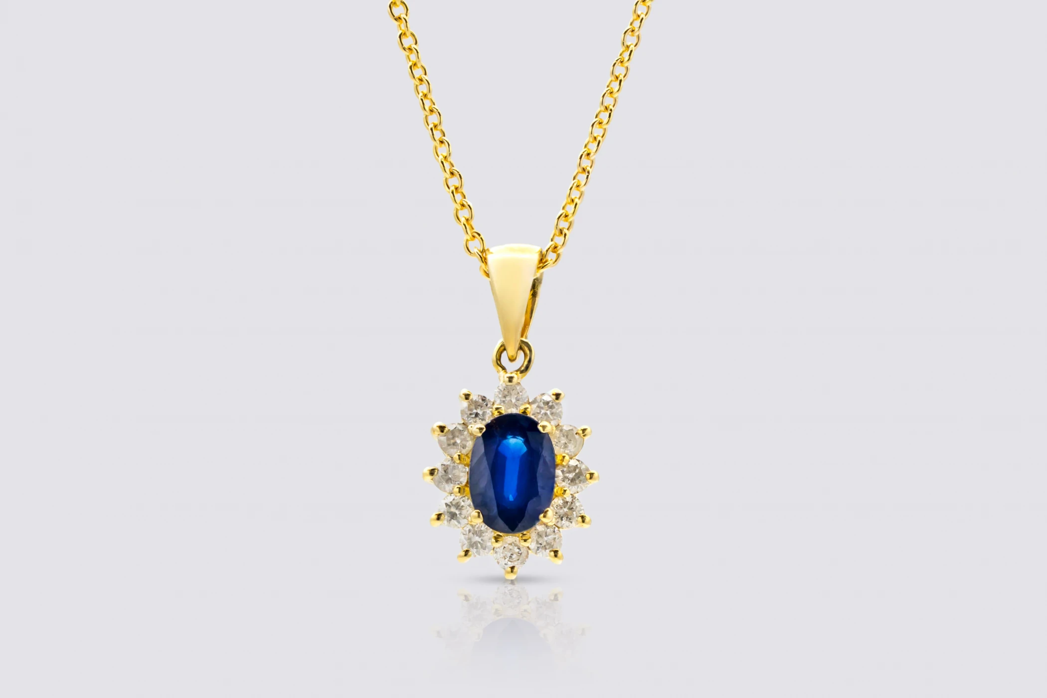 9ct Yellow Gold Sapphire and Diamond Trace Necklace – 1.05ct Oval Sapphire & 0.42ct Brilliant Cut Diamonds