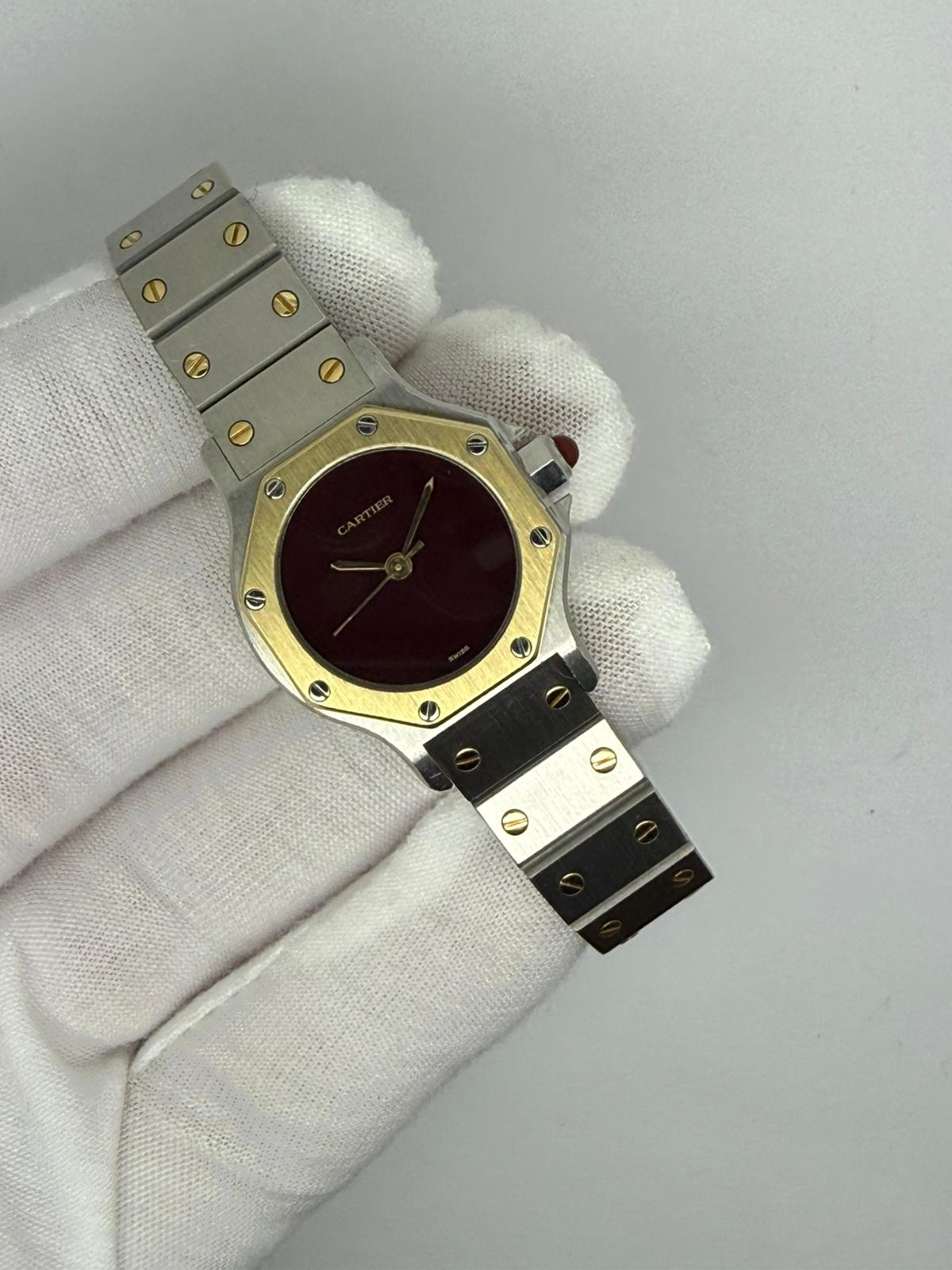 Cartier Santos Octagonal Ladies 26x31mm Stainless Steel & 18ct Yellow Gold Burgundy Dial 2965 1980s