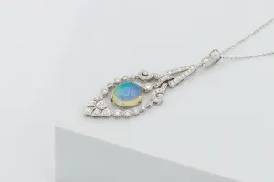 18ct White Gold Opal and Diamond Necklace 2.95ct Cabochon Opal & 1.13ct Brilliant Cut Diamonds