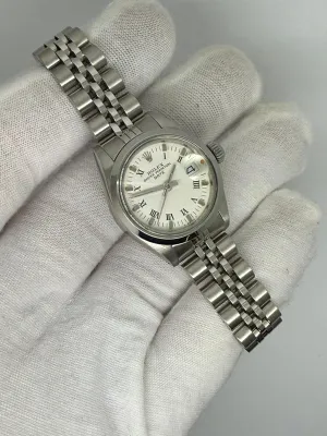 Rolex Oyster Perpetual Date Ladies 26mm Stainless Steel Jubilee Bracelet White Roman Dial 6917 1979