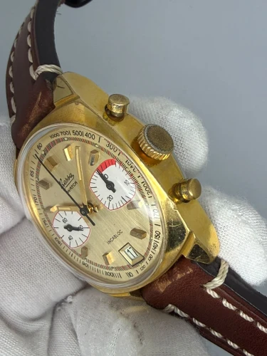 Bessa Incabloc Vintage Chronograph 38mm Gold Plated Racing Dial Valjoux 7734 1970s