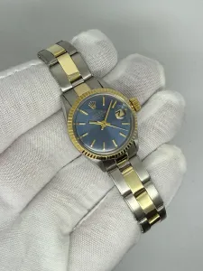 Rolex Oyster Perpetual Date Ladies 26mm Stainless Steel & 18ct Yellow Gold Blue Dial 6516 1970