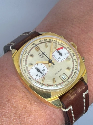 Bessa Incabloc Vintage Chronograph 38mm Gold Plated Racing Dial Valjoux 7734 1970s
