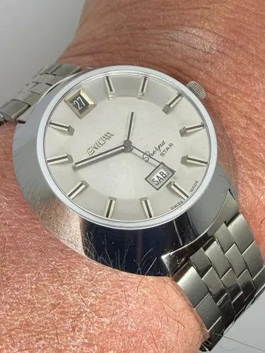 Enicar Sherpa Star Automatic Day-Date 38mm Stainless Steel Silver Dial 257-02-01 1970s