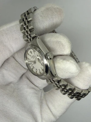 Rolex Oyster Perpetual Date Ladies 26mm Stainless Steel Jubilee Bracelet White Roman Dial 6917 1979