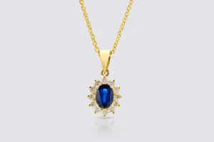 9ct Yellow Gold Sapphire and Diamond Trace Necklace – 1.05ct Oval Sapphire & 0.42ct Brilliant Cut Diamonds