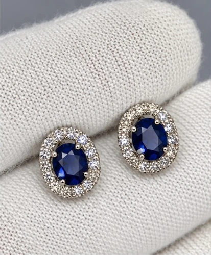 18ct White Gold Natural Sapphire & Diamond Halo Stud Earrings 1.04ct