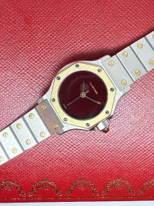 Cartier Santos Octagonal Ladies 26x31mm Stainless Steel & 18ct Yellow Gold Burgundy Dial 2965 1980s