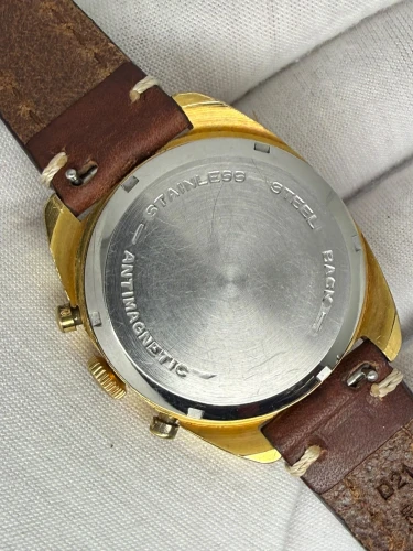 Bessa Incabloc Vintage Chronograph 38mm Gold Plated Racing Dial Valjoux 7734 1970s