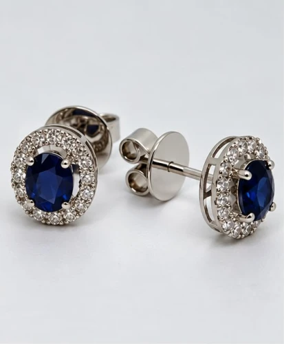 18ct White Gold Natural Sapphire & Diamond Halo Stud Earrings 1.04ct
