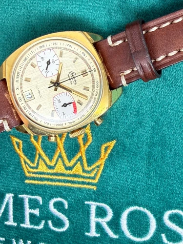 Bessa Incabloc Vintage Chronograph 38mm Gold Plated Racing Dial Valjoux 7734 1970s