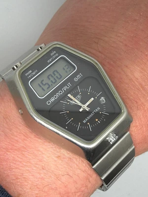 Heuer Manhattan Senator Chronosplit GMT ANA-DIGI Stainless Steel Digital Quartz 104-403 1982