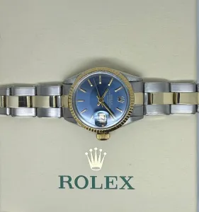 Rolex Oyster Perpetual Date Ladies 26mm Stainless Steel & 18ct Yellow Gold Blue Dial 6516 1970